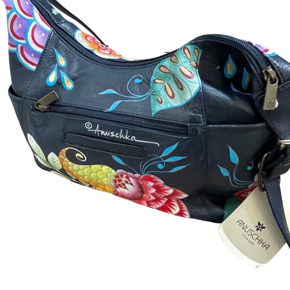 Anuschka Hand Painted Leather Hobo Bag Royal Taj Blue Floral NWT 7412-RTB-MLT - Picture 3 of 9